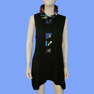 DAMEE INC Black Waffle Assymetric High Collar Artsy Sleeveless Button Down Tunic